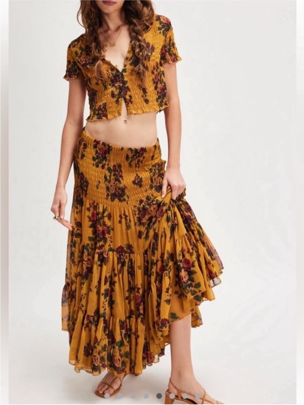 Mustard Floral Tiered Maxi Skirt  and top Women